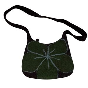 Vintage Boiled Wool Green and Black Women's Shoulder Flower Crossbody Bag